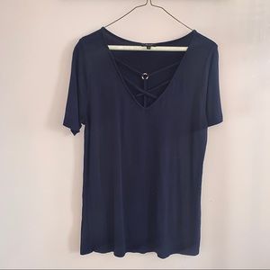 Sexy Lace Up Short Sleeve Navy Blue Top